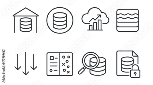 Line style icons of big data and storage: data warehouse icon, database cluster badge, cloud analytics symbol, data lake tag, high-volume flow arrows, structured vs unstructured badge, query engine