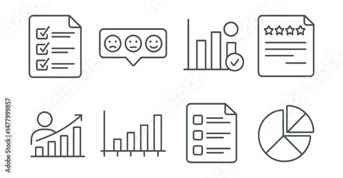 Line style icons of survey-based statistics: survey response icon, Likert scale tag, multiple-choice graph, average ratings file, user feedback chart, score distribution layout, question-by-question