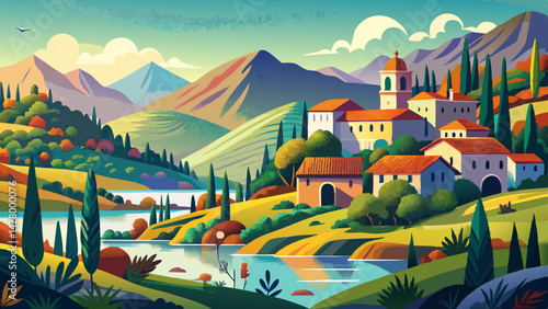 This captivating landscape, full of texture and tranquility, is a perfect muse for vector illustration—capturing the soul of northern Italy where nature, culture, and serenity meet in perfect balance.