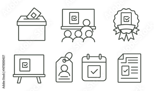 Line style icons of youth voting education: mock election box, classroom ballot icon, student voter ID, first-time voter badge, civic class chalkboard, youth voter guide tag, registration event