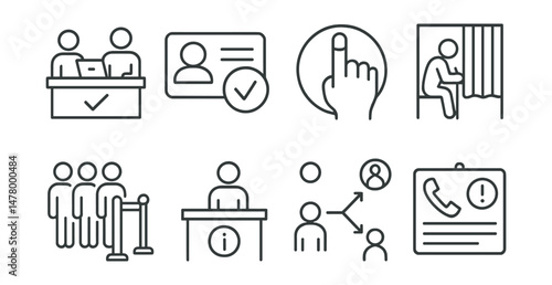 Line style icons of election day activity: voter check-in desk, ID verification icon, inked finger badge, ballot marking station, queue management symbol, assistance desk tag, voter flow chart,