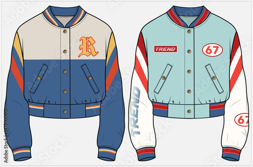 TIPPING RIBBED CROPPED BOMBER JACKET WITH WELT POCKET AND BADGES DETAIL DESIGNED FOR WOMEN, MEN, YOUNG WOMEN, YOUNG MEN, TEEN BOYS, TEEN GIRLS AND UNISEX IN VECTOR ILLUSTRATION FILE
