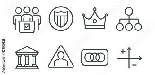Line style icons of political systems: democracy icon, republic badge, monarchy crown symbol, federal system chart, parliamentary government icon, dictatorship triangle, coalition model tag,