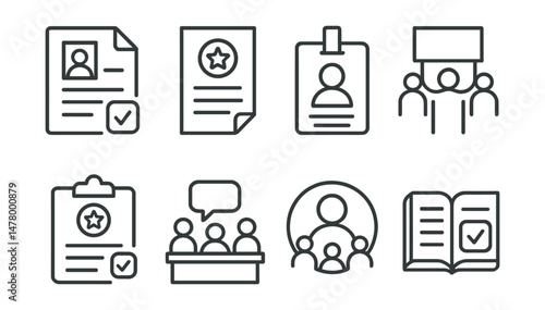 Line style icons of political participation: voter registration form, civic engagement flyer, campaign volunteer badge, protest march icon, public petition clipboard, town hall meeting stage,