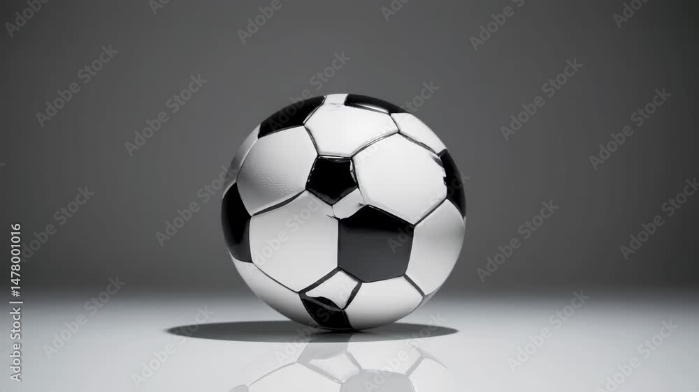 Dynamic rotation of a classic soccer ball on reflective surface in dramatic light Dynamic rotation of a classic soccer ball on reflective surface in dramatic light