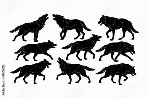 Vector black silhouettes of howling wolves in various poses