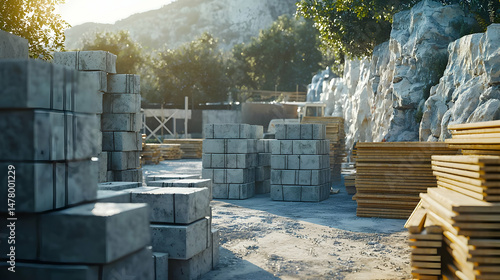 Construction site with various building materials.?Gray concrete blocks, wooden planks, and other construction supplies are visible.?Sunlight filters through the trees