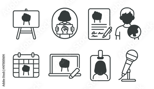 Line style icons of youth-led activism: student strike board, school walkout badge, youth petition sheet, teen organizer symbol, interschool campaign calendar, chalk protest icon, youth forum tag,