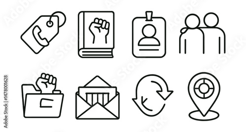 Line style icons of legal and safety support: legal hotline tag, protest rights guidebook, emergency contact badge, safety buddy icon, “know your rights” file, jail support envelope, de-escalation