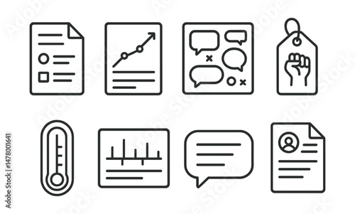 Line style icons of activist campaigns: issue briefing sheet, campaign progress chart, messaging alignment board, day of action tag, petition goal meter, strategy timeline icon, campaign message
