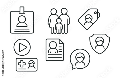 Line style icons of basic rights of the child: right to name badge, right to family icon, right to be heard tag, right to play symbol, right to learn file, right to safety chart, right to health card