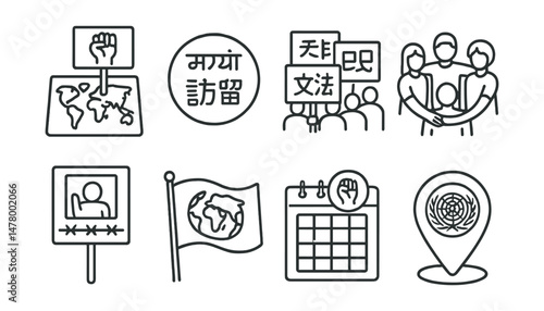 Line style icons of international protests: world protest map, translated slogans badge, multilingual placards icon, cultural solidarity circle, refugee rights poster, diasporic action flag, global