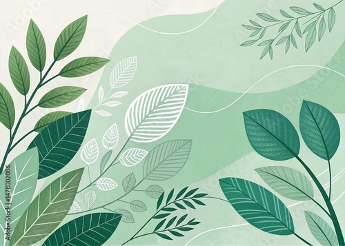 Minimalist abstract background with green tones and organic plant silhouettes, featuring overlapping leaf shapes in various shades of green, modern art style, flat and smooth texture.