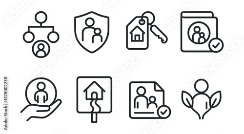 Line style icons of care for separated children: safe reunification chart, foster care badge, temporary shelter tag, tracing family file, child-centered placement symbol, home again board, warm