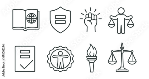Line style icons of human rights basics: universal rights book, equal protection shield, dignity and freedom symbol, human figure with scales, equality law document, fundamental rights badge, liberty