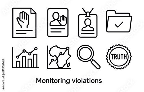 Line style icons of monitoring violations: human rights report file, abuse documentation icon, rights witness badge, evidence log folder, data on violations graph, country risk chart, investigation