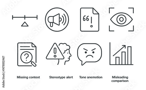 Line style icons of bias detection: political spectrum scale, echo chamber symbol, loaded language file, framing analysis badge, missing context icon, stereotype alert, tone and emotion bubble,