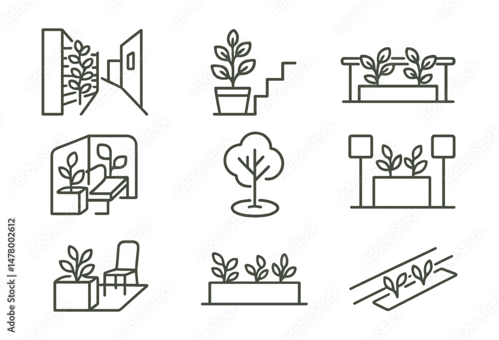 Line style icons of greening in compact spaces: alley greening board, stair landing pot icon, rail divider with plants, green corner seat badge, tiny shade tree tag, planter between signs file, mini Line style icons of greening in compact spaces: alley greening board, stair landing pot icon, rail divider with plants, green corner seat badge, tiny shade tree tag, planter between signs file, mini