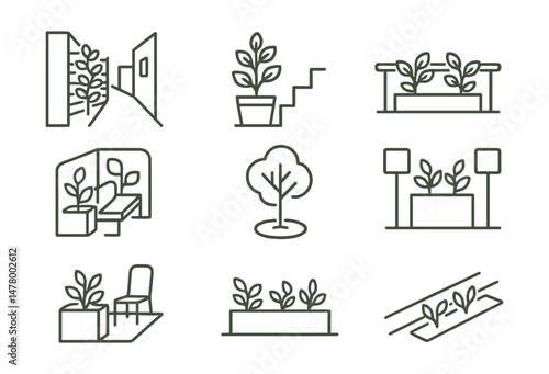 Line style icons of greening in compact spaces: alley greening board, stair landing pot icon, rail divider with plants, green corner seat badge, tiny shade tree tag, planter between signs file, mini