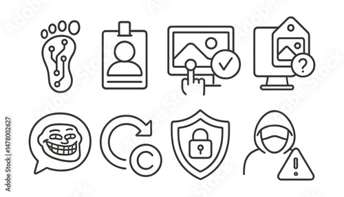 Line style icons of digital identity and ethics: digital footprint icon, profile data badge, content creator responsibility, screen vs reality tag, meme ethics bubble, repost with credit icon,