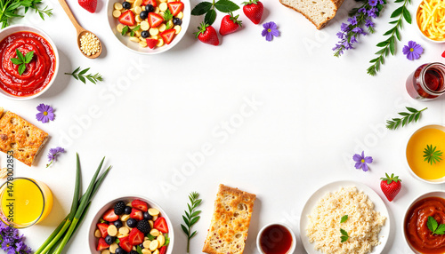 Fresh ingredients and colorful dishes arranged on white background  