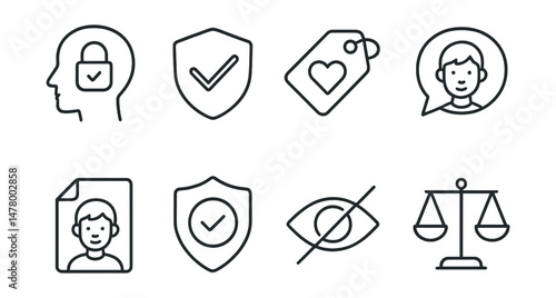 Line style icons of teen digital rights: right to privacy icon, digital autonomy badge, fair treatment online tag, voice matters bubble, youth-centered design file, informed consent badge, freedom