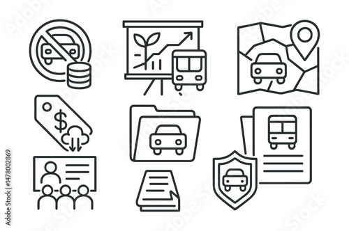 Line style icons of policy and regulation: congestion pricing badge, green transit funding chart, low-emission zone map, carbon tax tag, public input hearing board, mobility policy file, safe
