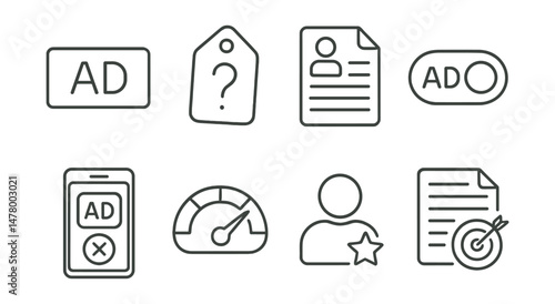 Line style icons of ad transparency: ad label clarity icon, why this ad tag, advertiser info file, ad personalization toggle, opt-out option screen, ad relevance meter, advertising profile icon,