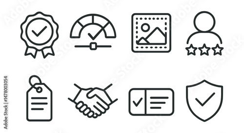 Line style icons of trust indicators: verified source badge, transparency trust meter, content origin stamp, user rating icon, source disclosure tag, trusted partner symbol, reviewed tag, platform