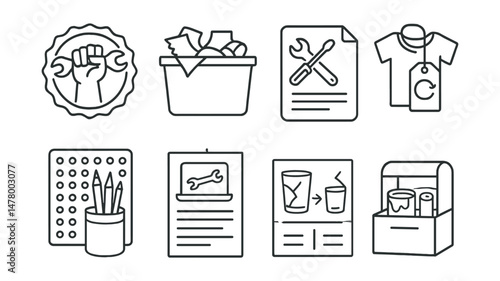 Line style icons of upcycling and repair: fix-it club badge, fabric scrap bin icon, repair guide file, reused t-shirt bag tag, DIY pencil holder board, tech repair workshop flyer, before-after reuse