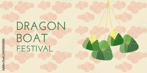 Dragon Boat Festival background with zongzi, rice, Chinese clouds and pattern light green color. Vector illustration for Duanwu Festival