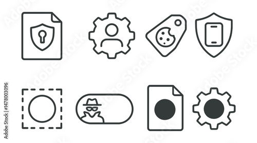 Line style icons of privacy and control: privacy overview sheet, control your data gear, cookie preferences tag, app permissions badge, digital boundary icon, anonymized mode toggle, tracking opt-out