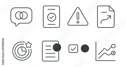 Line style icons of feedback and improvement: transparency feedback bubble, vote for feature icon, report confusing content, suggest update file, transparency score update, changelog notification