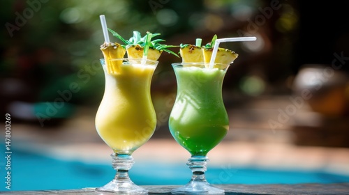 Colorful cocktails by the pool, vibrant yellow and green drinks garnished with fruit, perfect for summer relaxation and enjoyment.