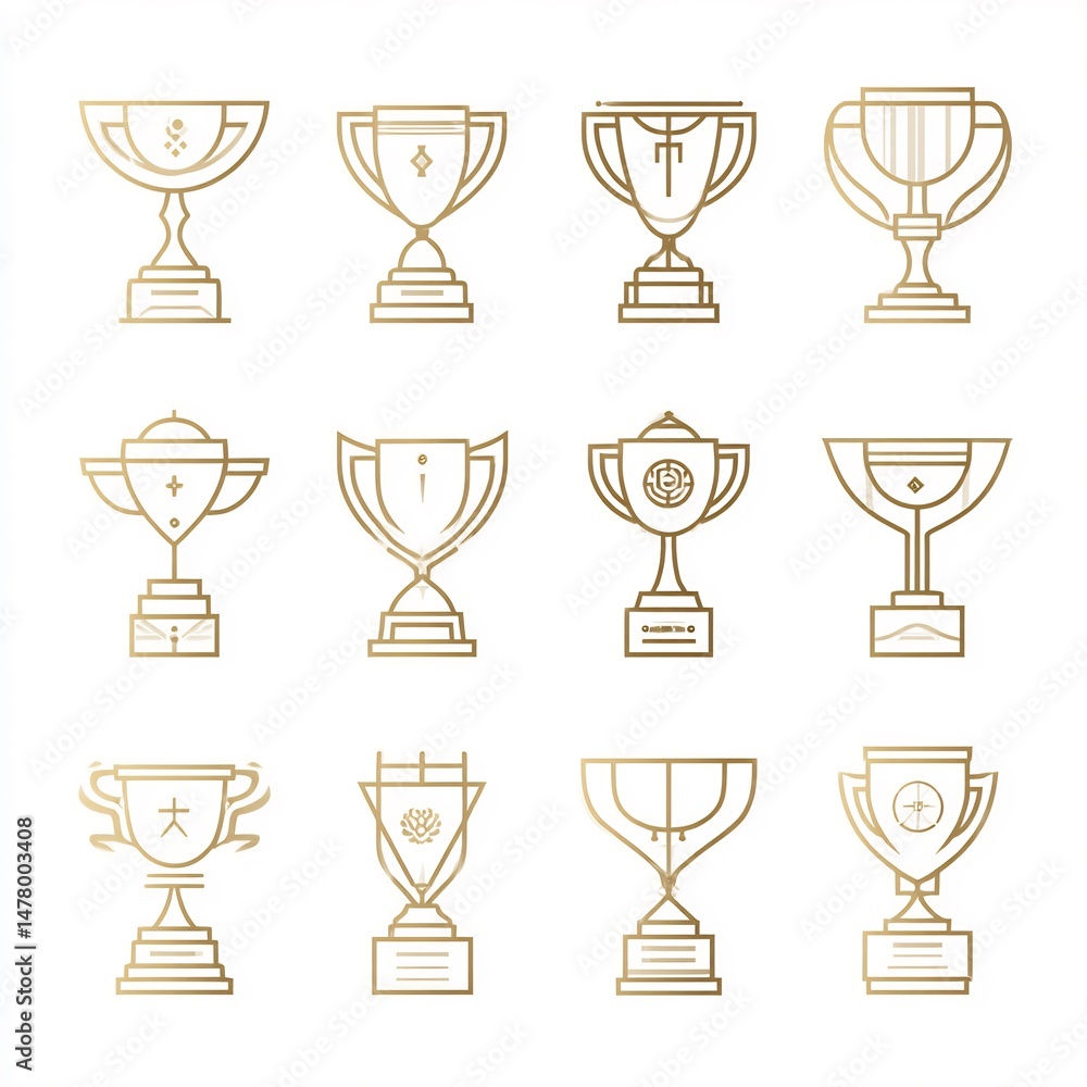 Golden trophy icons collection symbolizing victory and achievement on white background Golden trophy icons collection symbolizing victory and achievement on white background