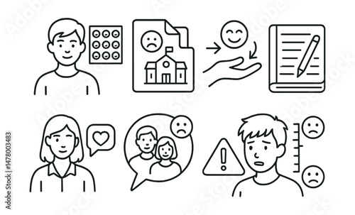 Line style icons of youth-friendly emotional tools: teen mood tracker, school stress file, peer pressure relief icon, daily journal for students, youth counselor access, family feelings bubble, exam