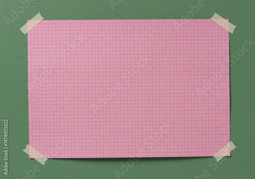 Pink grid paper taped on green wall background.