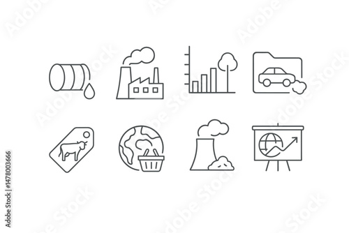 Line style icons of causes of climate change: fossil fuels icon, emissions from industry badge, deforestation impact chart, transport emissions file, methane from agriculture tag, overconsumption