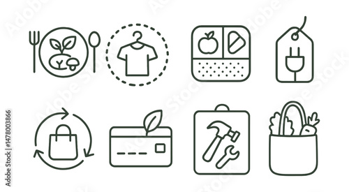 Line style icons of climate-friendly habits: plant-based meal icon, secondhand fashion badge, no-waste lunch box, unplug at night tag, reuse before buy symbol, green banking choice, repair before
