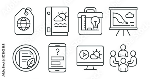 Line style icons of climate literacy education: climate change glossary tag, school unit file, teacher toolkit icon, class infographic board, lesson plan badge, student quiz screen, visual explainer