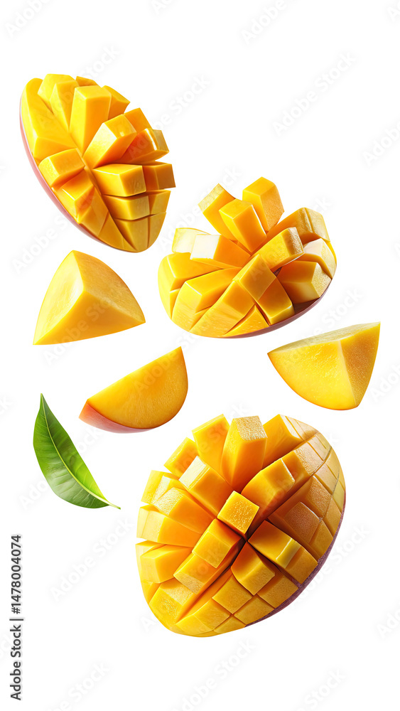 flying mango fruit and half slices isolated on transparent background Remove png, Clipping Path
