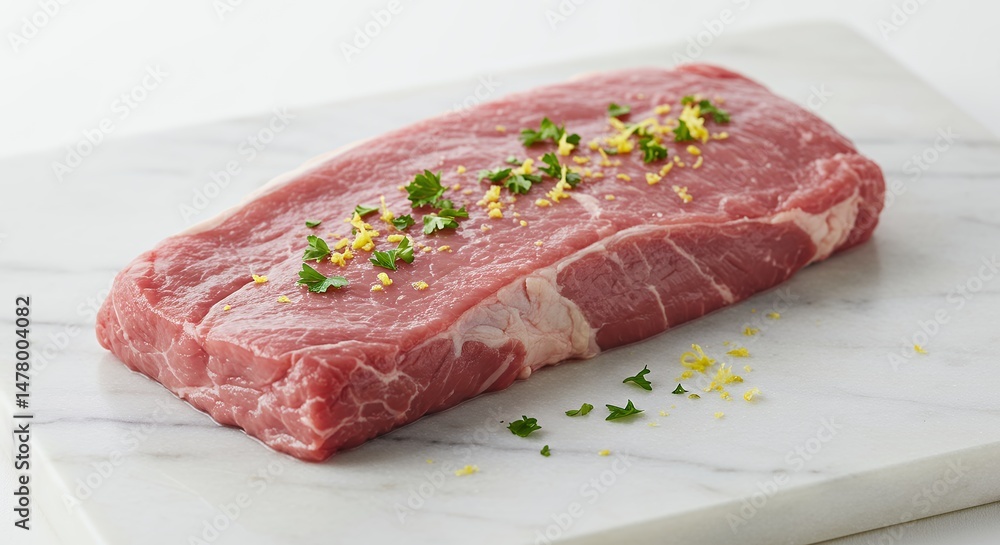 Raw Steak with Herbs on a Marble Board Raw Steak with Herbs on a Marble Board