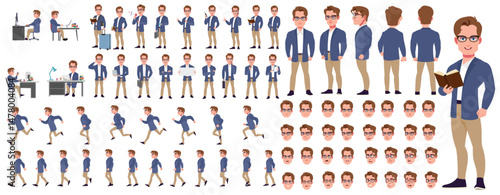 Man Character design. Front, side, back view and explainer animation poses. Character set with lip sync and facial expressions of Happy, angry, sad, Joy with Side walk cycle animation sequence sprite 