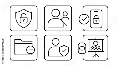 Line style icons of social media boundaries: private account badge, no follower pressure icon, friend request filter tag, message screen lock, limit interactions file, safe profile symbol, story