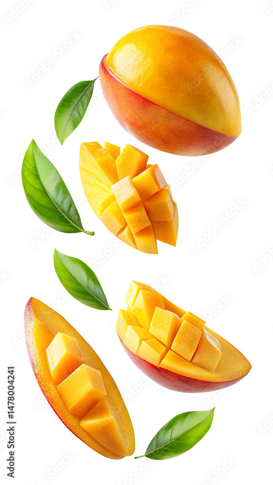flying mango fruit and half slices isolated on transparent background Remove png, Clipping Path
