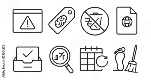 Line style icons of digital permanence awareness: screenshot alert icon, long memory tag, delete ≠ gone badge, “it’s still online” file, archive check symbol, web search test chart, history checker