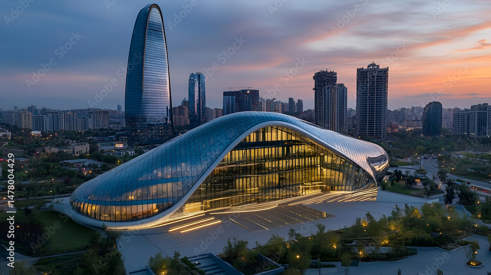 Naklejka premium Modern Wave Shaped Building at Sunset City Skyline