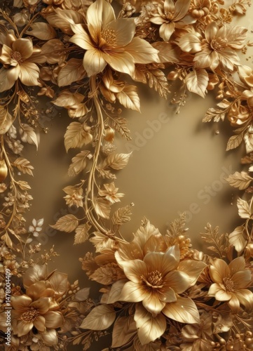 Luxurious gold floral backdrop; elegant blooms & leaves shimmer ,  motif,  design,  celebration