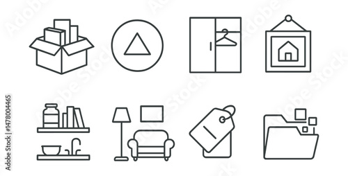 Line style icons of minimalist lifestyle: declutter box icon, less but better badge, minimalist closet symbol, mindful home board, simple kitchen shelf, intentional room setup, quality over quantity