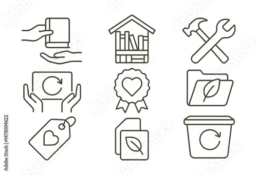 Line style icons of giving and sharing: borrow not buy icon, community library shelf, shared tools symbol, lend and return board, giving economy badge, “use what you have” file, gifting with care tag